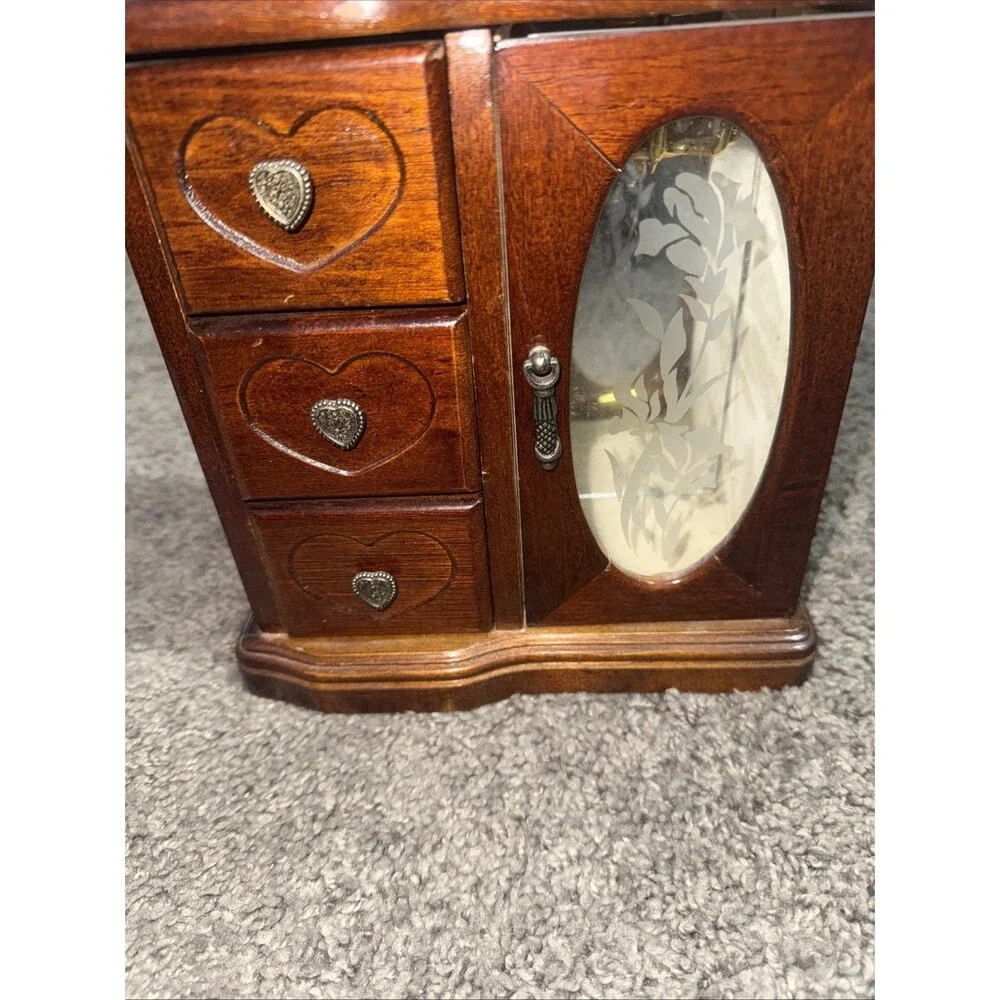 Small Vintage Wooden Jewelry Box Armoire Etched Glass Hearts Drawers Cabinet